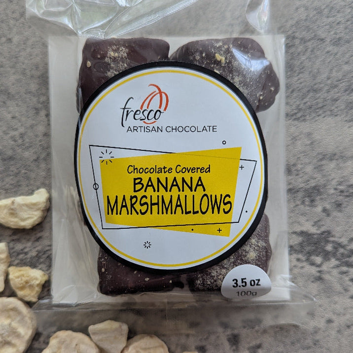 Packaged chocolate-covered banana marshmallows.